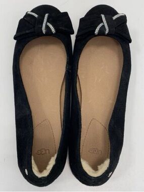 UGG Black Suede Ballet Flats Rhinestone Bow Quiet Luxury Chic Size 11 BNWT